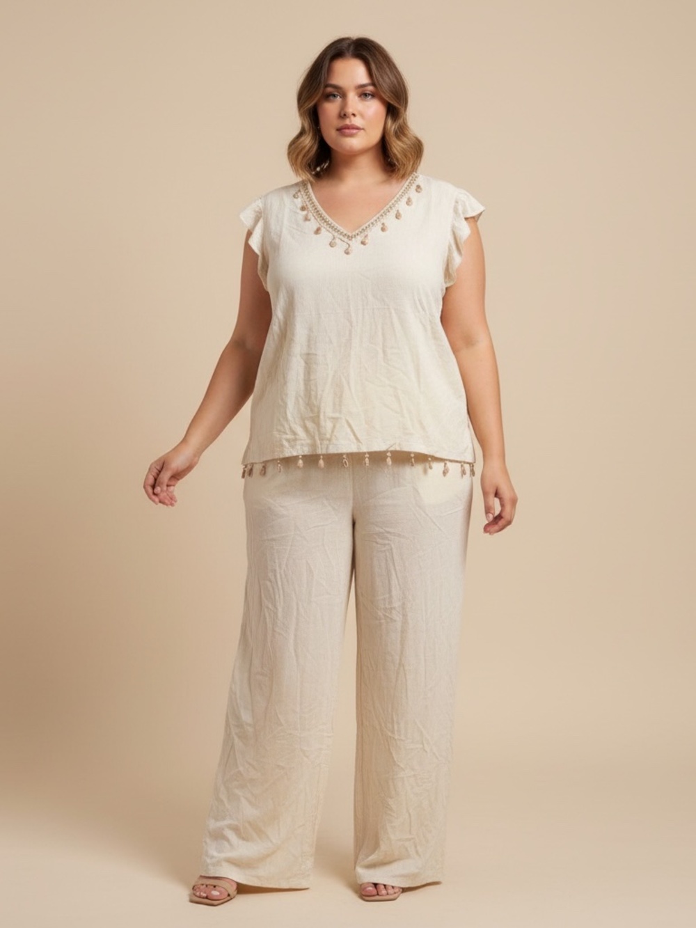 Plus - La Reyna Boho Embroidered Fringe Wide Leg Pants & Top Set - NWOT